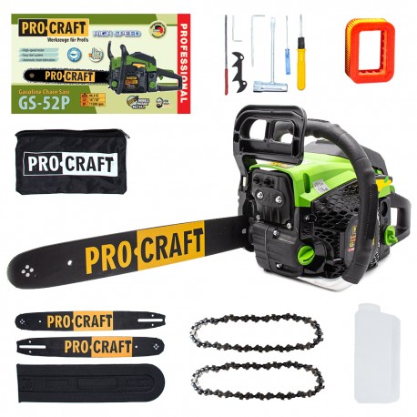 Benzínová řetězová pila Procraft GS-52P, 2 vodící lišty