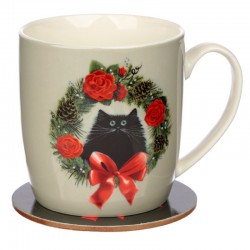 Porcelánový set hrnek a podtácek - Kočka a vánoční věnec design Kim Haskins